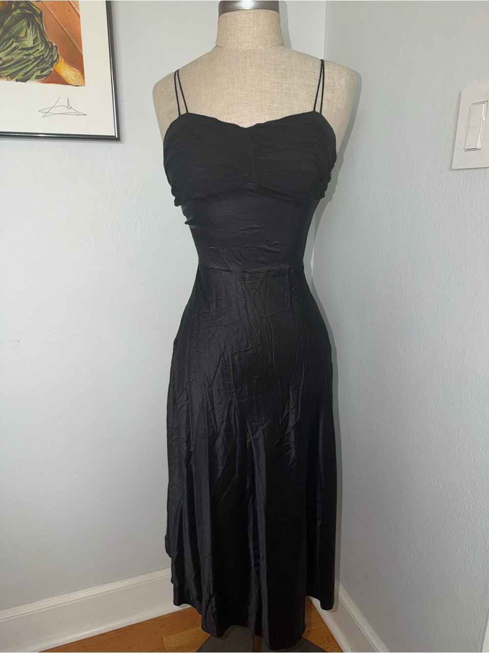 Miguelina vintage Black silk Ruched Bust Spaghetti-Strap Midi Dress